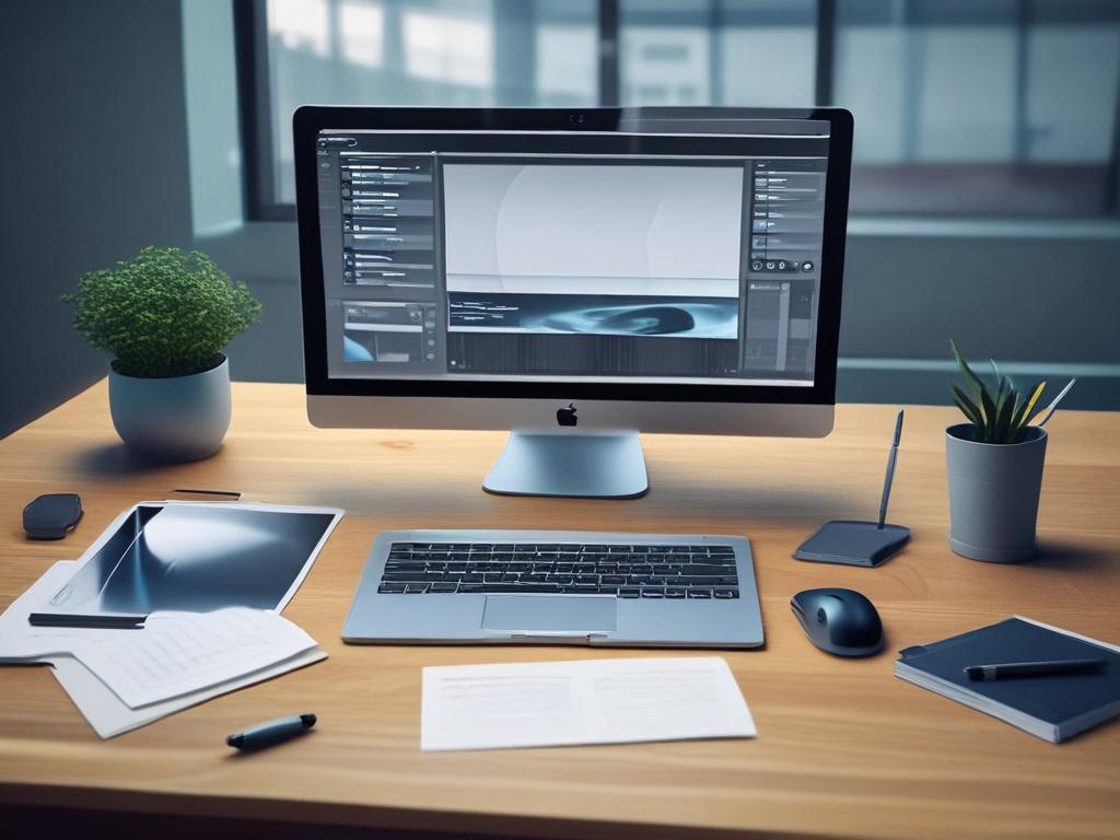 A realistic high resolution featuring a modern, sleek workspace with