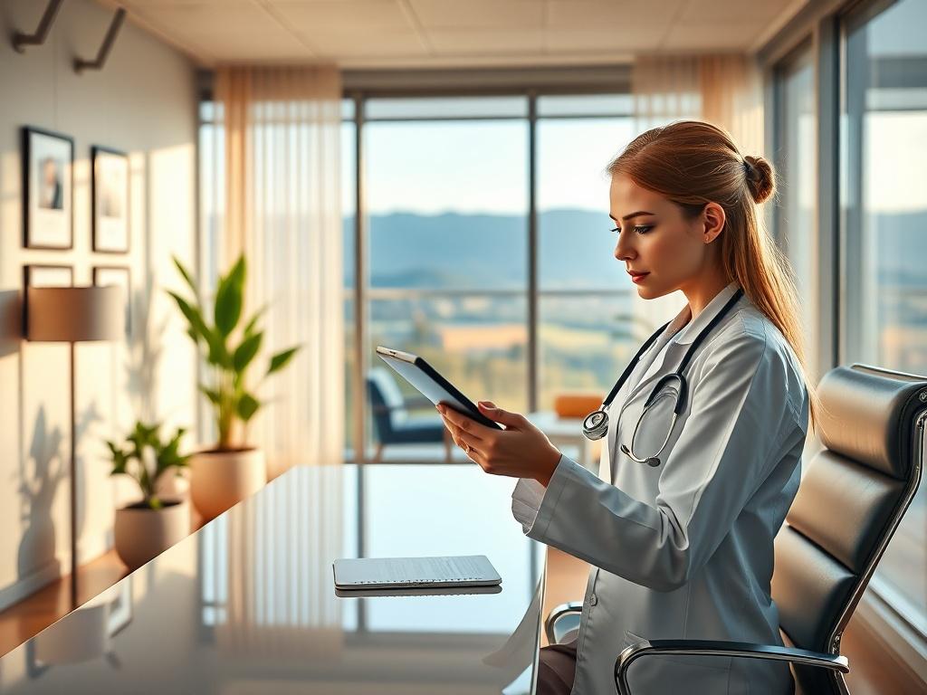 Create a realistic high-resolution photo showcasing a healthcare professional in a modern, inviting medical office space. The main subject should be a focused female physician, confidently studying a digital tablet while seated at a sleek, contemporary desk. She is dressed in crisp professional attire, exuding a sense of expertise and professionalism. 

The background should feature an aesthetically pleasing, well-lit office with elegant decor, including a few framed medical credentials on the walls, potted