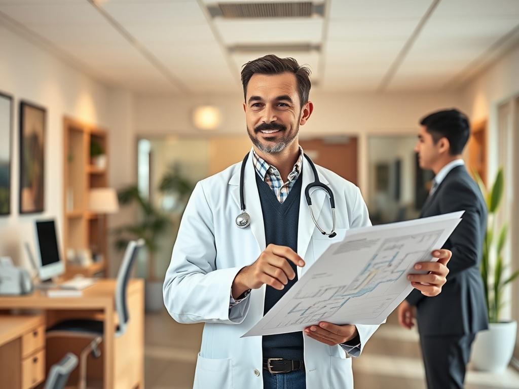 Create a realistic high-resolution photo that embodies the theme "Tailored Real Estate Solutions for Medical Practices." The composition should be simple and focused, featuring a single subject: a confident, professional-looking physician, wearing a white lab coat, standing in a spacious, modern medical office. The physician should be depicted mid-conversation, pointing to a floor plan on a clipboard while engaging with an unseen consultant, showcasing a moment of thoughtful collaboration.

In the backgroun
