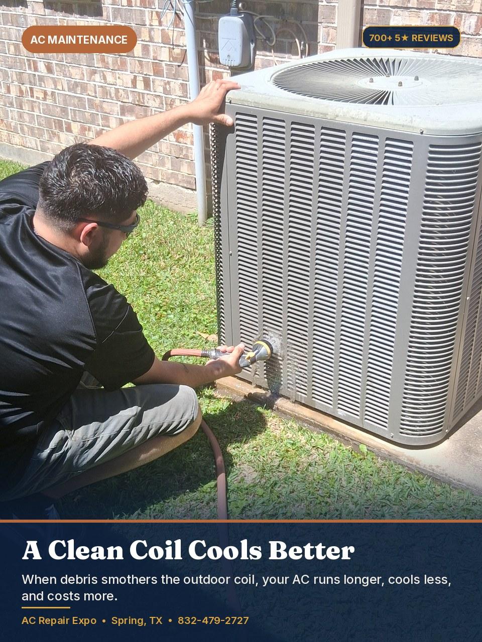 Expo technician cleaning a dirty outdoor AC condenser coil with a hose in Spring TX