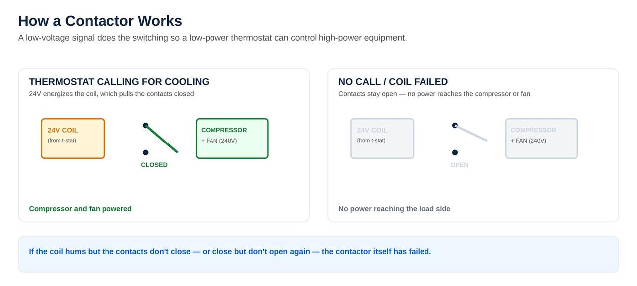 How an AC contactor works, showing the 24V coil energizing to close the high-voltage contacts
