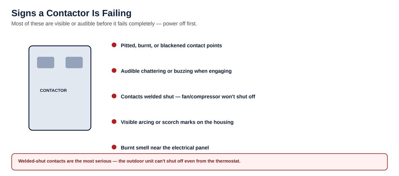 Signs an AC contactor is failing: pitted contacts, chattering, welded shut, arcing