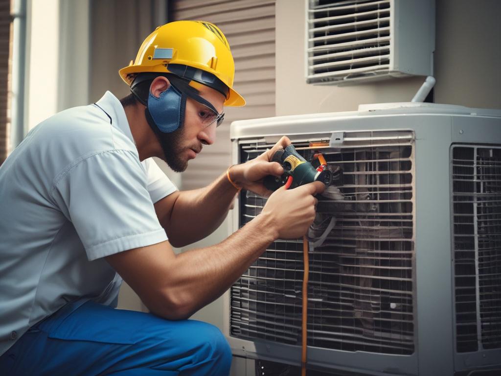 A hyper-realistic close-up shot of a licensed HVAC technician expertly repairing an air conditioning unit. The technician is focused on the task, wearing safety gear, with tools in hand. The background is a clean and organized workspace, showcasing the air conditioning unit's intricate details. The image should be vivid and colorful, highlighting the technician's professionalism and the quality of service provided by Expo Heating and Cooling Inc. The primary color of the image should align with rgb(2, 86, 1