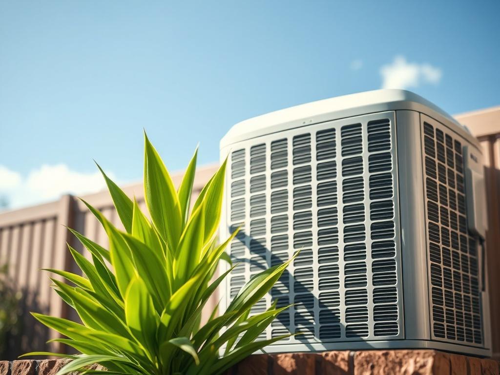 **AI Image Generation Prompt:**
Create a realistic high-resolution photo that captures the essence of a well-maintained air conditioning unit in a sunny Spring, TX backyard. The composition should be simple and clear, with the focus entirely on a sleek, modern air conditioning unit, prominently displayed in the center of the frame. Surround the unit with a few vibrant green plants to convey a sense of home and comfort, highlighting the importance of having a reliable cooling system during the hot Texas sum