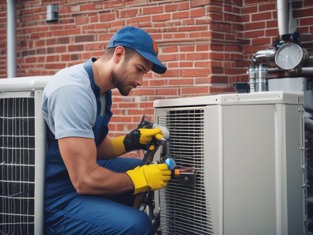 A close-up shot of a technician performing HVAC maintenance on an air conditioning unit in a residential setting. The technician is inspecting the condenser coil while wearing safety gloves and goggles. The background features a well-maintained backyard with a clear blue sky, showcasing a comfortable home environment. The focus is sharp on the technician and the AC unit, with a shallow depth of field to softly blur the background, creating a professional and inviting atmosphere.