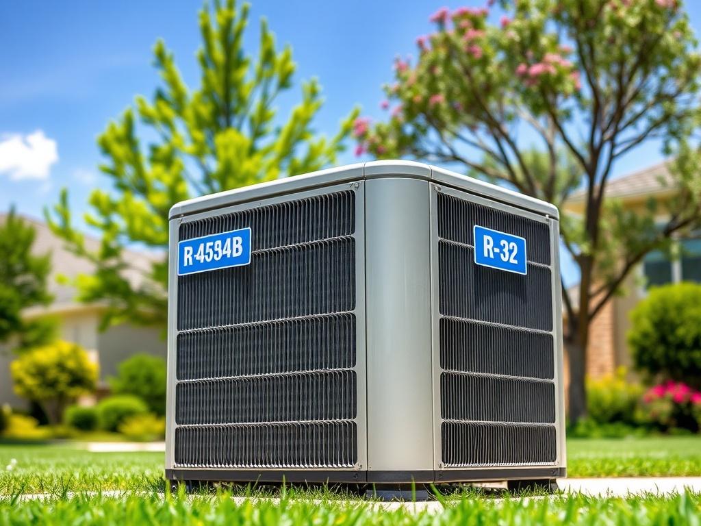**AI Image Generation Prompt:**

Create a hyper-realistic high-resolution photo that represents the blog titled "R-454B vs R-32: What Texas Homeowners Need to Know About the New AC Refrigerants." The composition should feature a single, clearly identifiable subject: an outdoor air conditioning unit prominently labeled with "R-454B" and "R-32" refrigerant comparison tags on either side. The unit should appear modern and sleek, showcasing the latest HVAC technology. 

In the background, depict a residential T