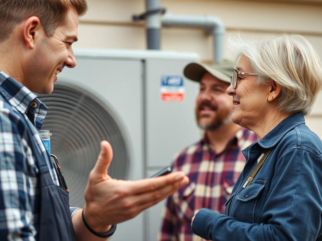 a close-up shot of a technician discussing HVAC options with a homeowner, showcasing a friendly interaction, with a clear focus on the HVAC unit in the background, shot with a 45mm f/1.2 lens, hyper-realistic style.