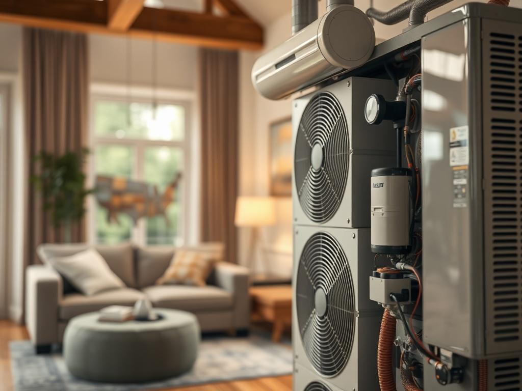 a close-up shot of a modern HVAC system in a home setting, showing the intricate details and components of the unit, with a warm and welcoming living room in the background, shot with a 45mm f/1.2 lens, hyper-realistic style.