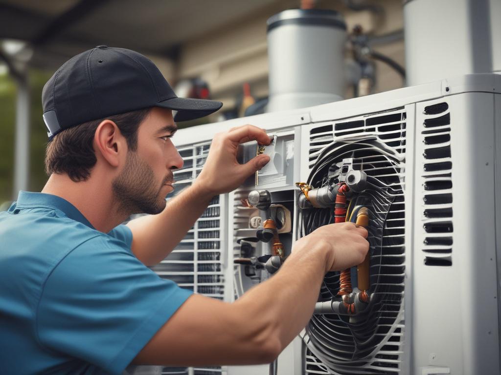 A close-up shot of a HVAC technician performing maintenance on an air conditioning unit, showcasing the technician inspecting and cleaning the coils. The background should be simple and clear, highlighting the technician’s focused expression while working. The image should have high resolution, shot with a 45mm f/1.2 lens style, emphasizing realism while incorporating the primary color rgb(2, 86, 197) subtly in the scene.