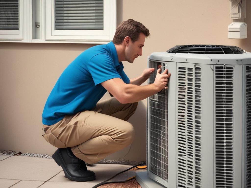 A high-resolution close-up shot of an HVAC technician repairing an air conditioning unit in a residential setting. The technician, wearing a uniform with the Expo Heating and Cooling logo, is focused on the AC unit. The background shows a well-maintained suburban home with clear blue skies and greenery, emphasizing a professional and friendly atmosphere. The image should capture the technician's expertise and the reliability of the service provided, with a warm, inviting color palette that complements the p