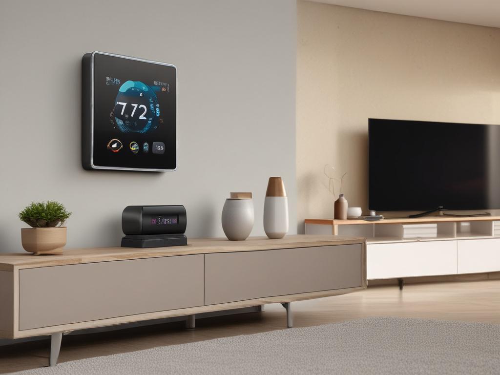 A hyper-realistic close-up shot of a stylish smart thermostat mounted on a wall in a modern living room. The device displays a clear, colorful interface, with a cozy ambience surrounding it. Natural light streams in from a window, highlighting its sleek design, captured with a 45mm f/1.2 lens.