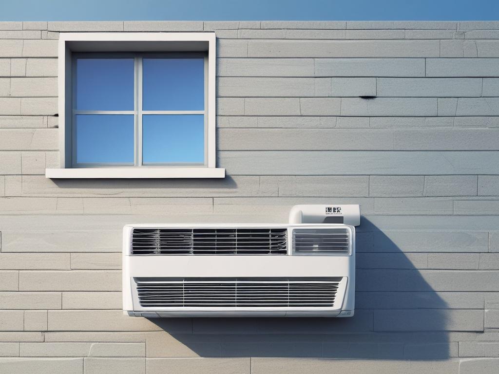 A hyper-realistic close-up shot of a sleek, modern high-efficiency air conditioner unit installed on an exterior wall. The background features a clear blue sky, emphasizing the cooling effect, with vibrant green leaves nearby. The unit should be the sole focus, showcasing its design and features, captured with a 45mm f/1.2 lens.