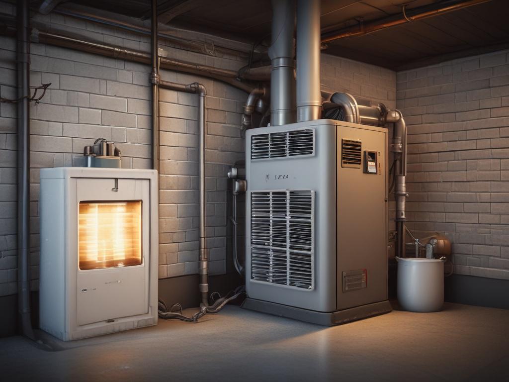 A hyper-realistic close-up shot of a modern gas furnace unit in a clean, organized basement. The unit is well-lit, showcasing its features and design, with tools and maintenance supplies in the background for added context, captured with a 45mm f/1.2 lens.