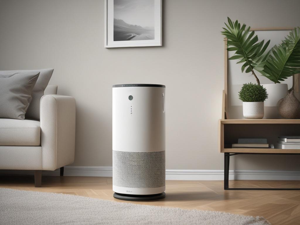 A close-up shot of a high-performance air purifier in a modern living room setting. The focus should be on the sleek design and advanced features of the purifier. Soft natural light should illuminate the scene, highlighting the product against a backdrop of a clean and stylish interior space.