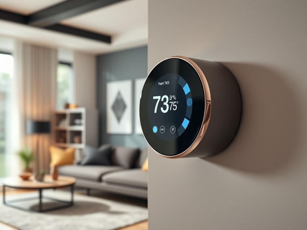 A sleek smart thermostat mounted on a modern wall in a stylish living room. The display shows a user-friendly interface, indicating temperature settings. The background features contemporary home decor and natural light streaming in through a window, creating a warm atmosphere. The image is captured with a 45mm f/1.2 lens for a close-up, hyper-realistic effect.