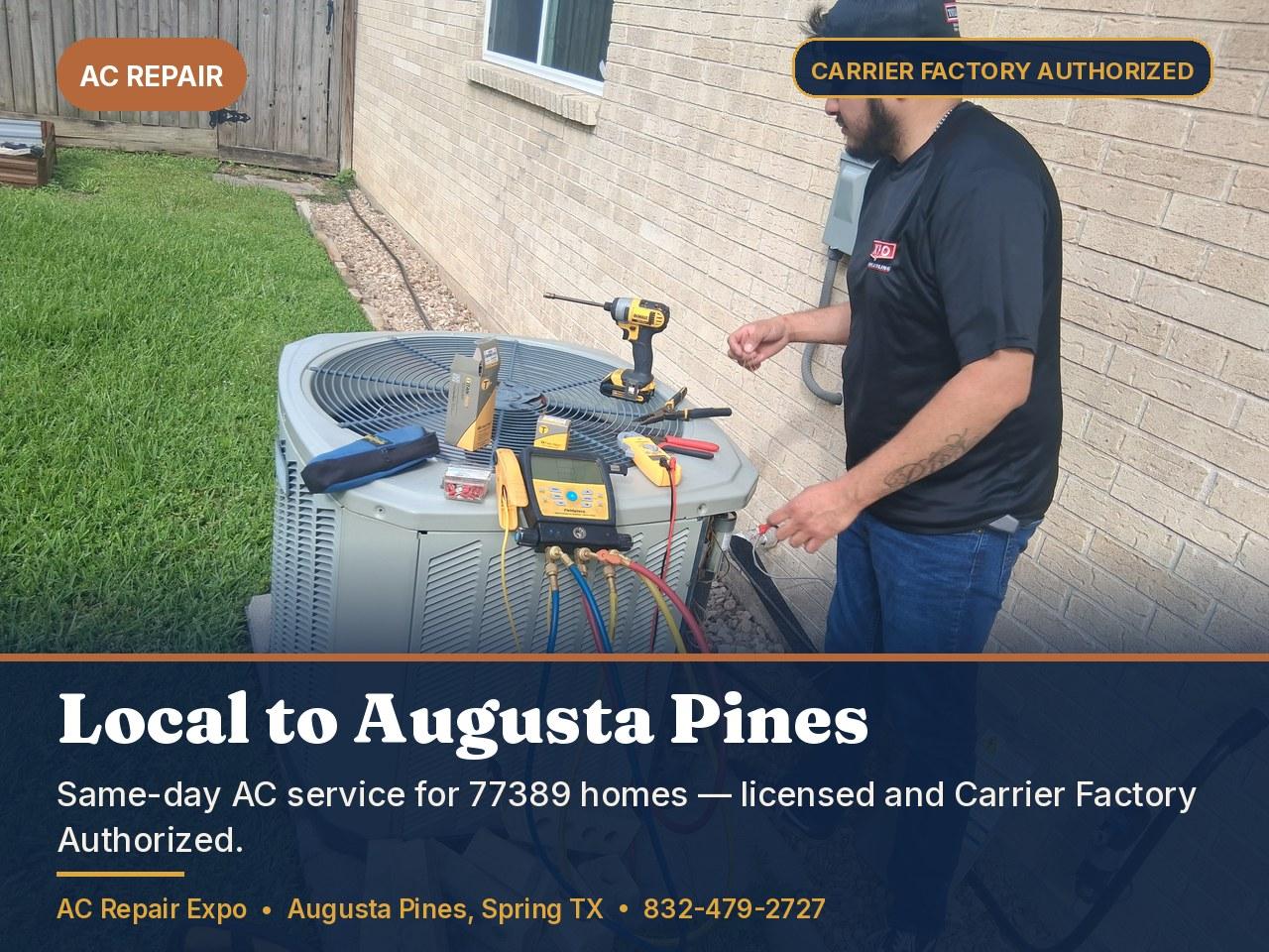 Expo technician performing AC repair on an outdoor condenser in the Augusta Pines area of Spring TX 77389