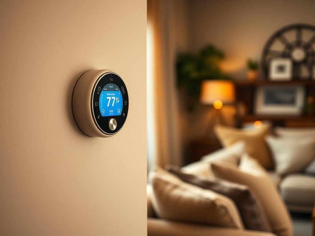A close-up shot of a comfortable living room with a thermostat on the wall, showcasing a cozy and inviting atmosphere. The focus is on the thermostat, with soft lighting creating a warm ambiance. The background includes plush furniture and tasteful decor, capturing the essence of home comfort.