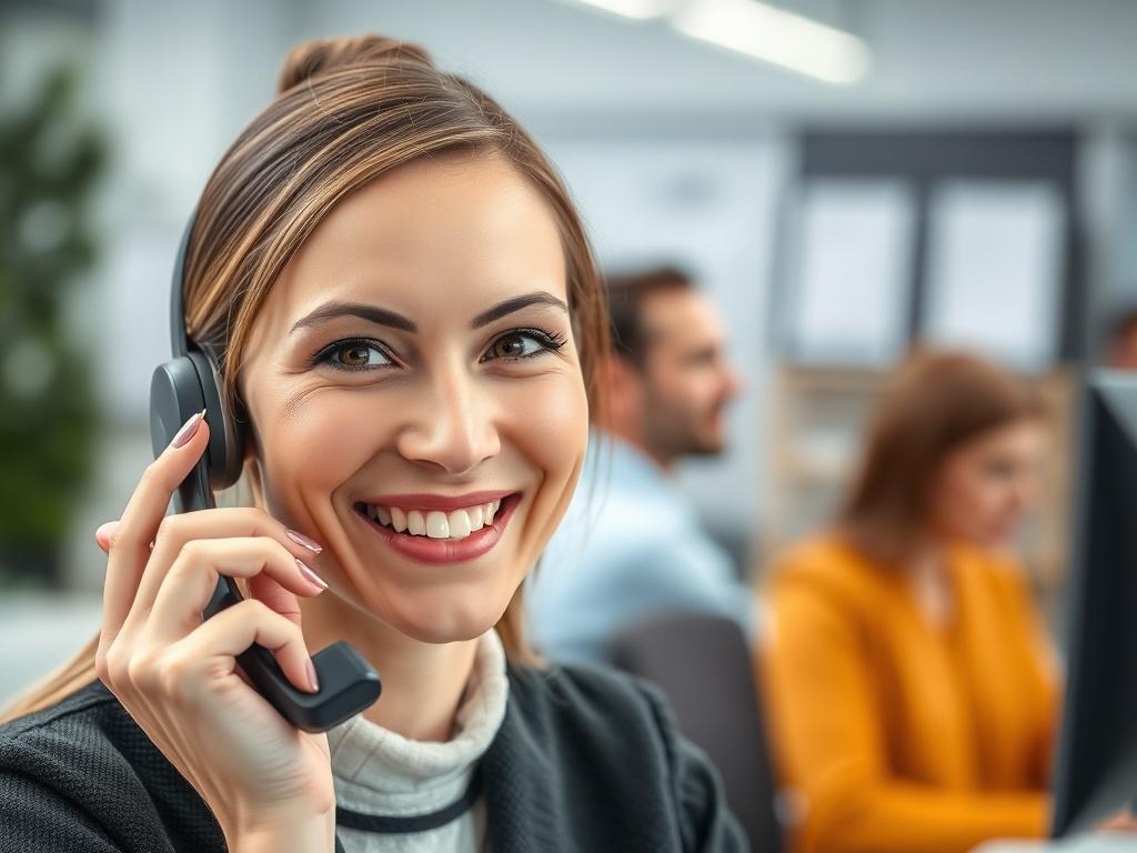 A close-up shot of a friendly customer service representative speaking on the phone, with a welcoming smile. The background includes a well-organized office setting, conveying a sense of professionalism and approachability, emphasizing customer care.