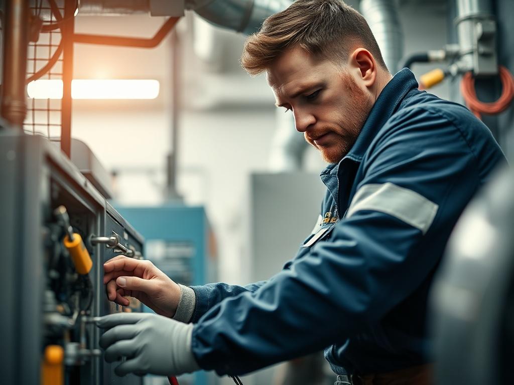 A close-up of a certified HVAC technician working on a furnace, showcasing their dedication and professionalism. The technician is focused on the task, surrounded by tools and equipment, with a bright workshop background emphasizing safety and expertise.