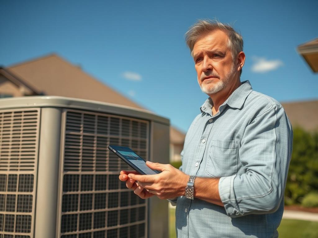 Generate a realistic high-resolution image that captures the essence of a Texas homeowner contemplating whether to repair or replace their air conditioning unit. The composition should be simple and clear, featuring a single subject: a concerned homeowner standing by their air conditioning unit, which is situated outside their suburban Texas home. The homeowner is holding a tablet displaying information about AC repairs and replacements, with a thoughtful expression reflecting their dilemma.

The background