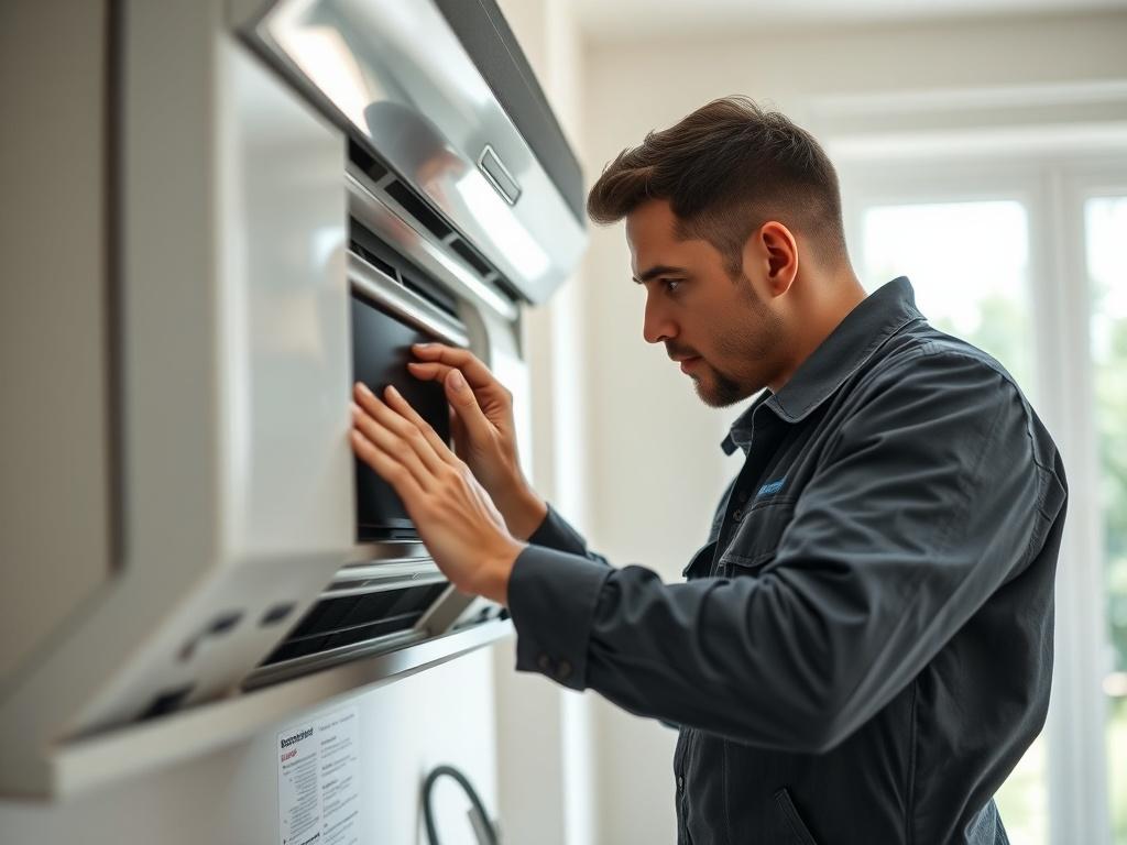 A close-up shot of a certified HVAC technician inspecting a modern heating and cooling unit in a residential setting. The technician is focused and professional, wearing a uniform, and the background shows a clean, well-lit home environment with a hint of greenery outside a window. The photo should have a hyper-realistic quality, shot with a 45mm f/1.2 lens style.