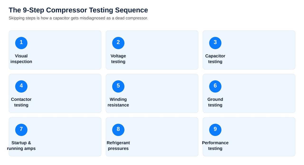 The 9-step compressor testing sequence overview