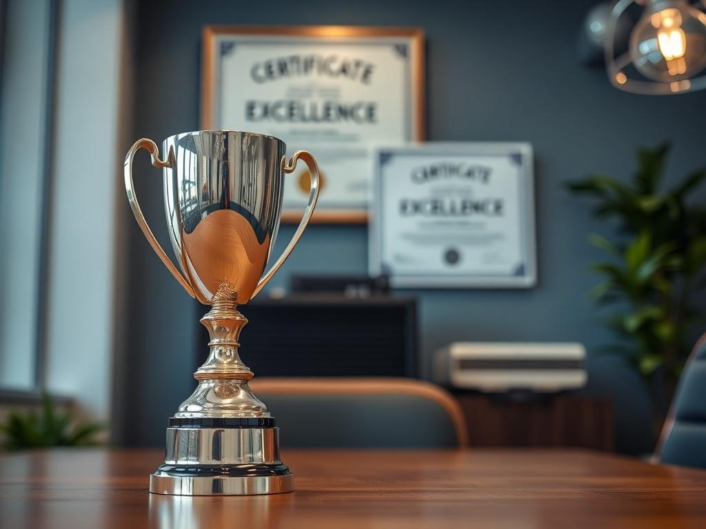 A trophy or award displayed prominently in an office setting, symbolizing recognition in the HVAC industry. The background features a certificate of excellence on the wall, showcasing the company's achievements. The atmosphere conveys professionalism and commitment to quality service.