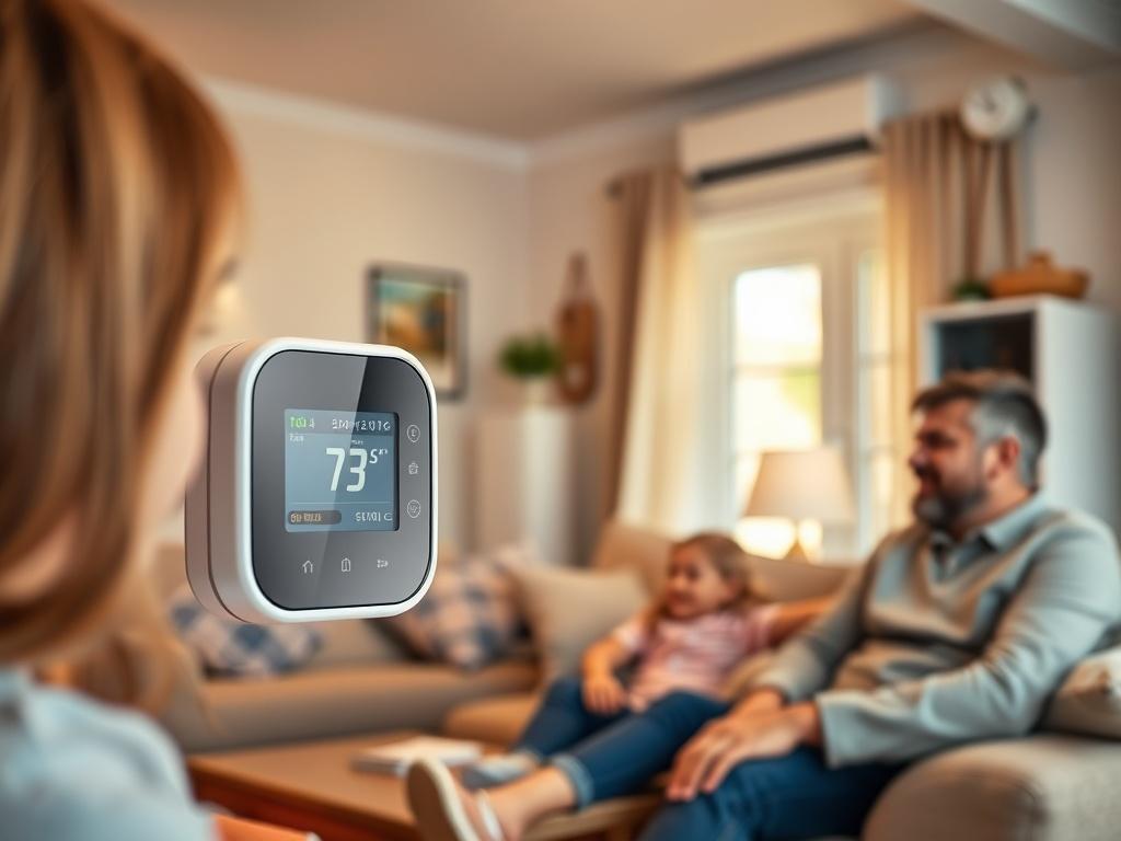A cozy living room with a family enjoying a comfortable atmosphere. The room is warmly lit, showcasing a modern thermostat and an energy-efficient HVAC unit in the background. The family appears relaxed and happy, emphasizing the comfort and affordability provided by the heating and cooling system.