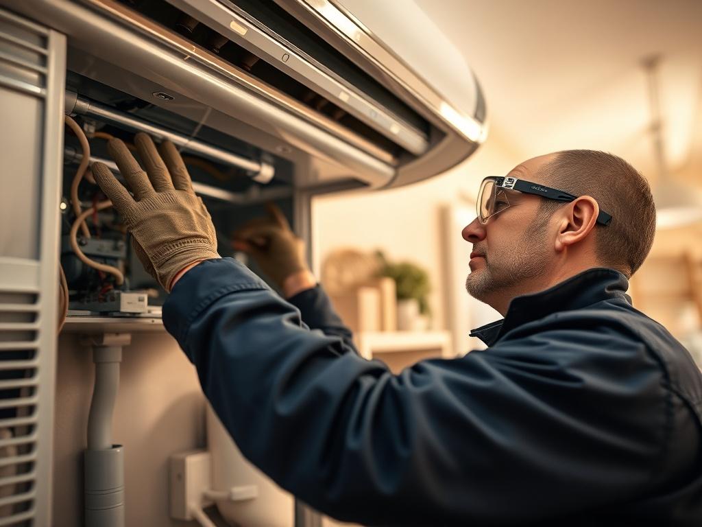 A professional HVAC technician inspecting a modern heating and cooling system in a residential setting. The technician, wearing a uniform and safety goggles, is focused on checking the equipment's functionality. The background features a well-maintained home interior, emphasizing comfort and warmth, with soft lighting creating a welcoming atmosphere.