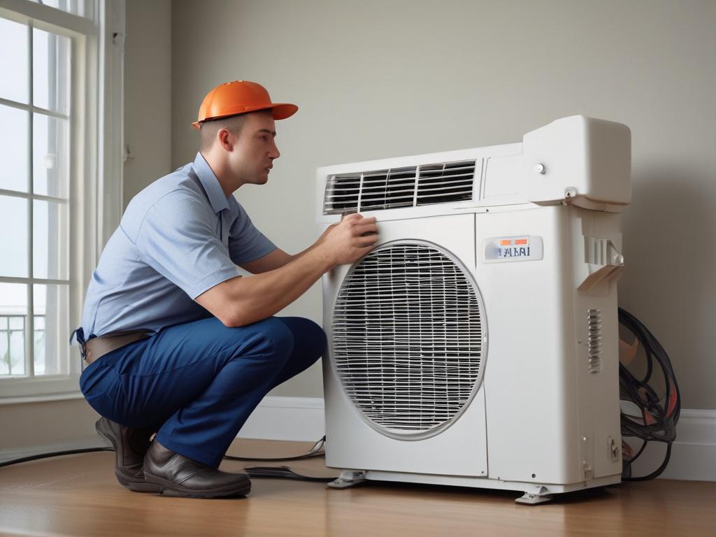 A professional HVAC technician installing a new air conditioning unit in a residential setting. The technician should be focused on the installation process, showcasing expert craftsmanship. The background should feature a well-maintained home in Laurel Park, with clear blue skies and lush greenery. The image should be shot in hyper-realistic style, with a close-up focus on the technician and the AC unit, using a 45mm f/1.2 lens to create a soft bokeh effect in the background.