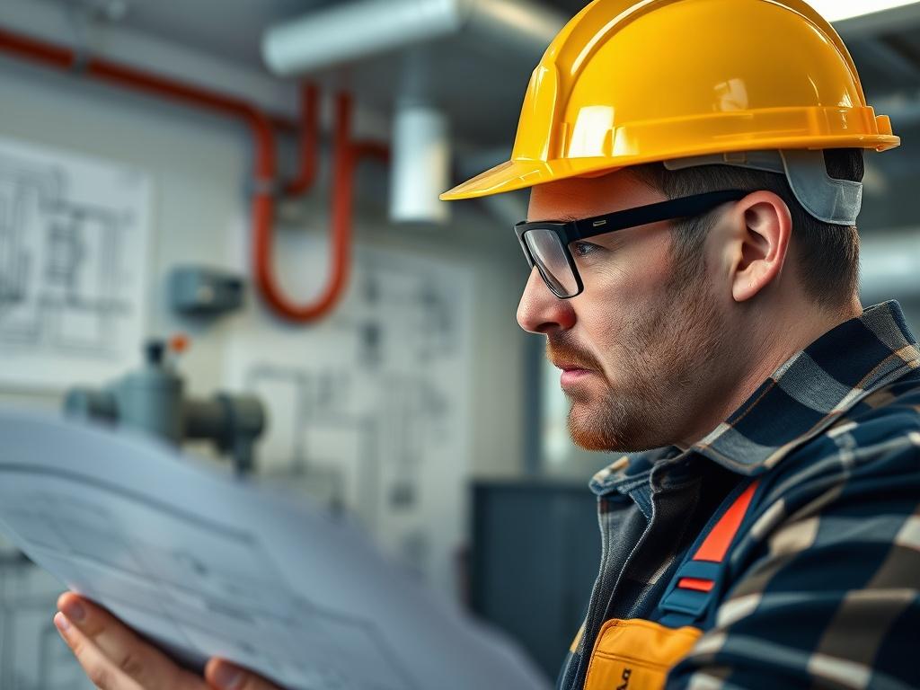 A hyper-realistic close-up shot of a mechanical engineer reviewing HVAC blueprints in a well-lit office environment. The engineer is focused and engaged, wearing safety glasses and a hard hat, symbolizing expertise and professionalism. The background features technical drawings and HVAC equipment, emphasizing the engineering aspect. The image is captured with a 45mm f/1.2 lens style.