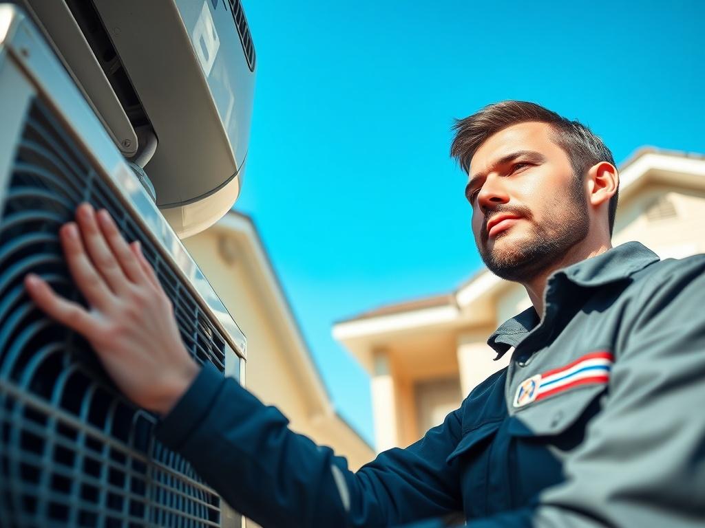 A close-up shot of a professional HVAC technician inspecting a modern air conditioning unit. The technician wears a uniform with the company logo, showing a focused expression. In the background, a well-maintained residential exterior is visible, with a clear blue sky above. The colors are vibrant, highlighting the technician's work and the quality of the HVAC system.