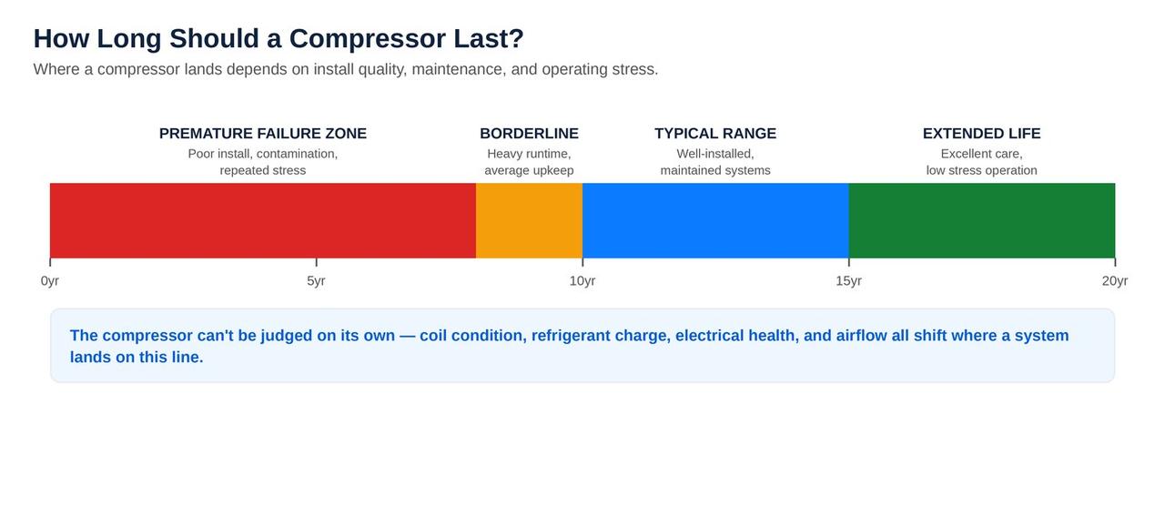 AC compressor lifespan timeline showing premature failure zone through extended life range
