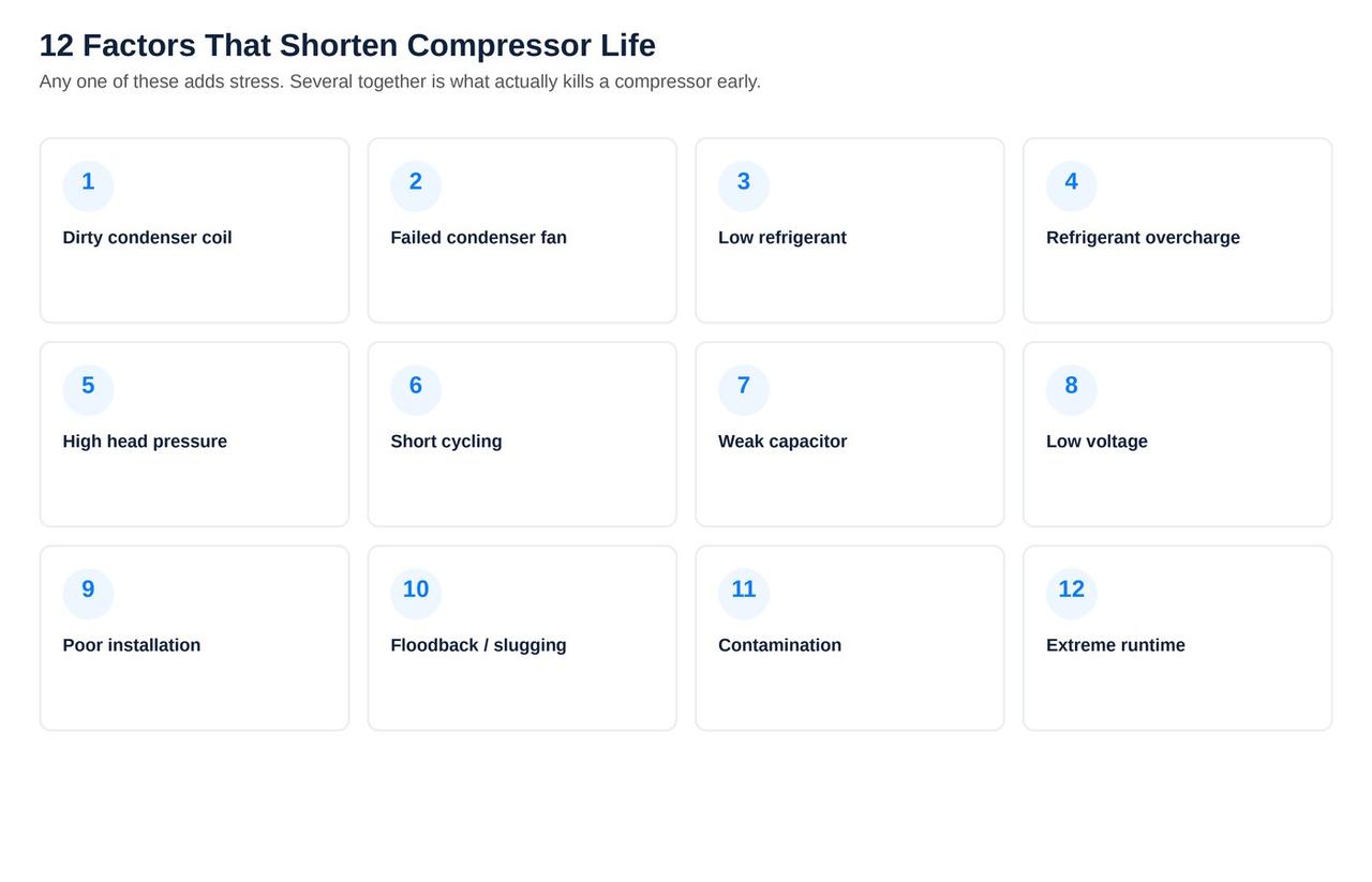 12 factors that shorten AC compressor life overview grid