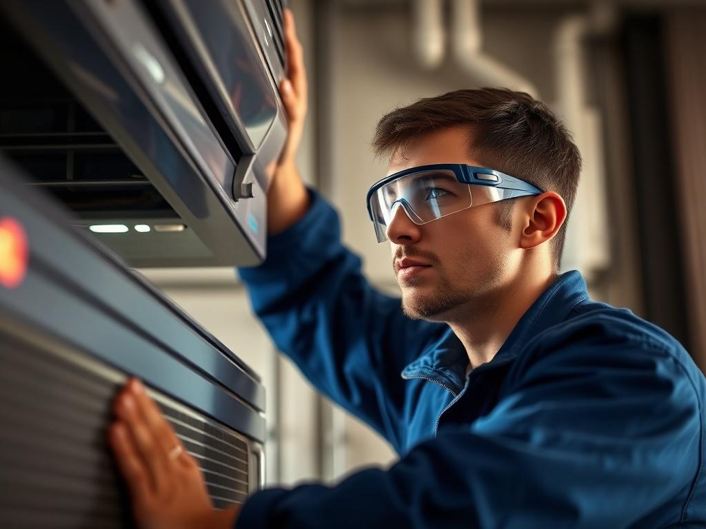 A hyper-realistic close-up shot of a professional HVAC technician wearing a blue uniform and safety goggles, working on a heating and cooling unit. The technician is focused and engaged in his task, showcasing expertise and care. The background is softly blurred to highlight the technician and the unit, with a warm, inviting atmosphere that suggests reliability and professionalism. The image should be bright and well-lit, emphasizing the quality of service provided by Expo Heating and Cooling Inc.