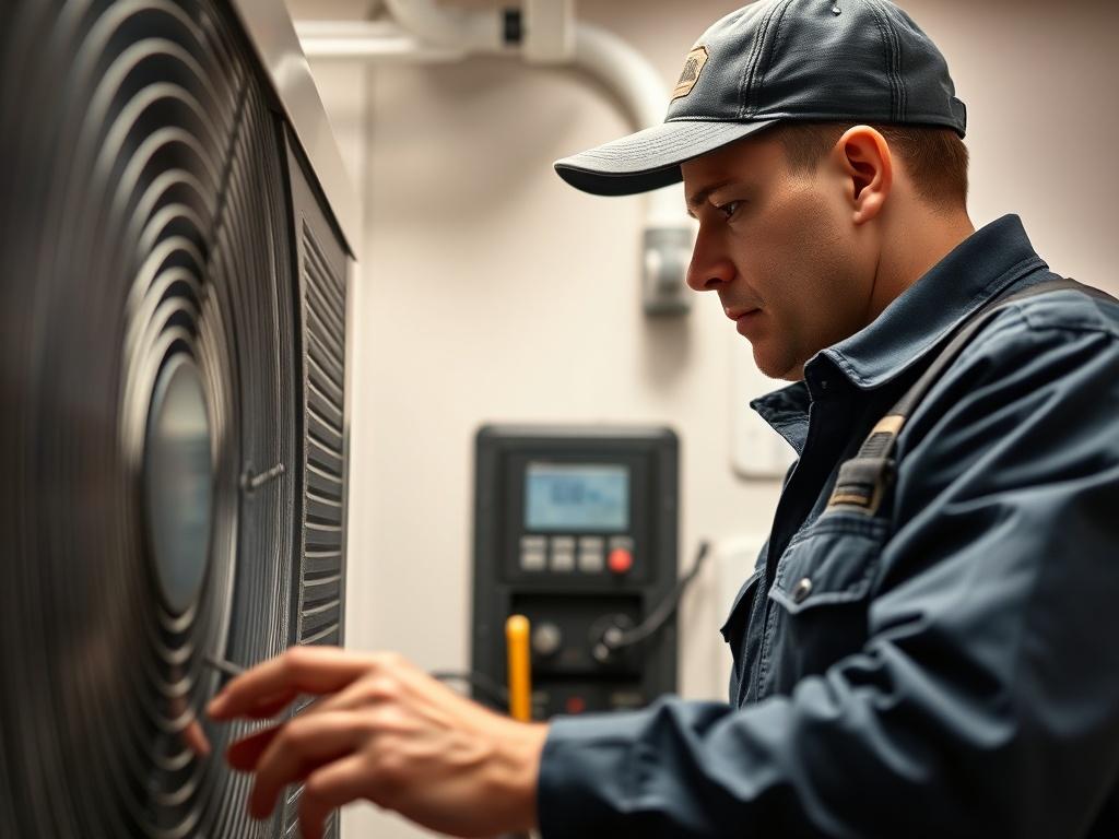 A close-up shot of a skilled HVAC technician working on a heating and cooling system, showcasing attention to detail. The technician wears a uniform and is focused on the equipment, with tools neatly arranged nearby. The background is softly blurred, emphasizing the technician's expertise. The image captures a sense of professionalism and dedication to quality service, ideal for representing a trusted HVAC company.