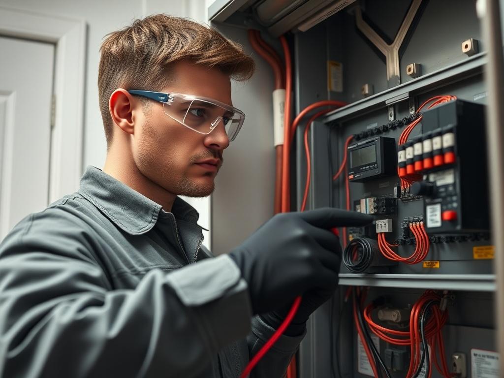 **AI Image Generation Prompt:**

Create a realistic high-resolution photo that visually represents the theme of diagnosing HVAC issues related to 24-volts in an air conditioning system. The image should feature a skilled HVAC technician in the foreground, actively inspecting a control panel of an HVAC system inside a residential utility room. The technician should look focused and engaged, wearing safety goggles and work gloves, holding a multimeter in one hand and pointing to the control panel with the oth