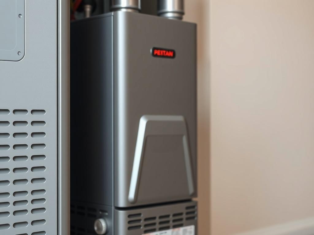 A hyper-realistic close-up shot of an energy-efficient furnace, highlighting its modern design and features. The image should be captured with a 45mm f/1.2 lens, showcasing the furnace's intricate details against a minimalistic background that complements its sleek appearance.