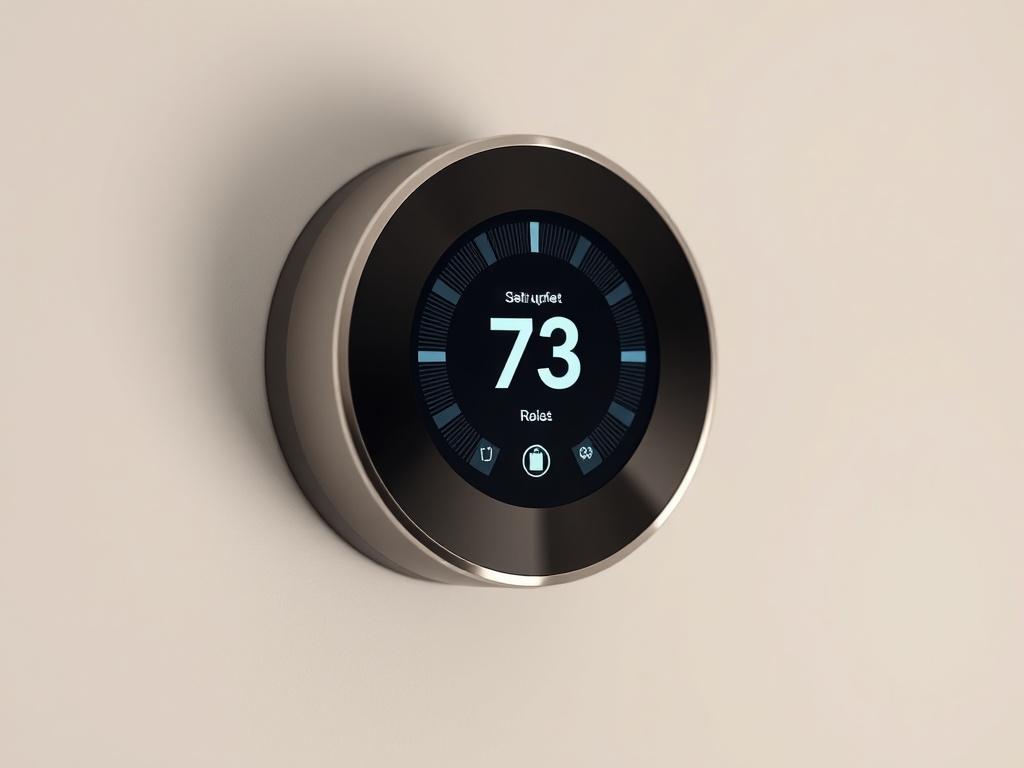A hyper-realistic close-up shot of a smart thermostat mounted on a wall, displaying its sleek interface. The image should be taken using a 45mm f/1.2 lens, focusing on the thermostat's features with a clean and simple background that emphasizes its modern design.