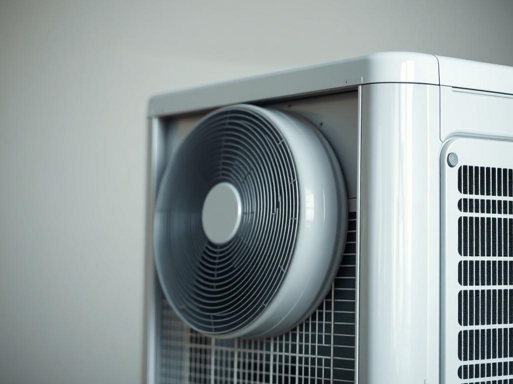 A hyper-realistic close-up shot of a high-efficiency air conditioning unit, showcasing its sleek design and modern features. The image should be shot with a 45mm f/1.2 lens to emphasize the unit's details, set against a simple, clean background that enhances the focus on the air conditioning system.