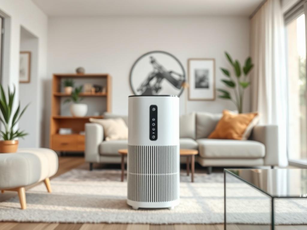 A close-up shot of a modern air purifier in a clean, stylish living room setting. The background should convey a fresh and airy atmosphere, with natural light filtering in. The focus should be on the air purifier, captured with a 45mm f/1.2 lens style.