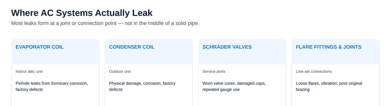 Common AC refrigerant leak locations: evaporator coil, condenser coil, schrader valves, flare fittings