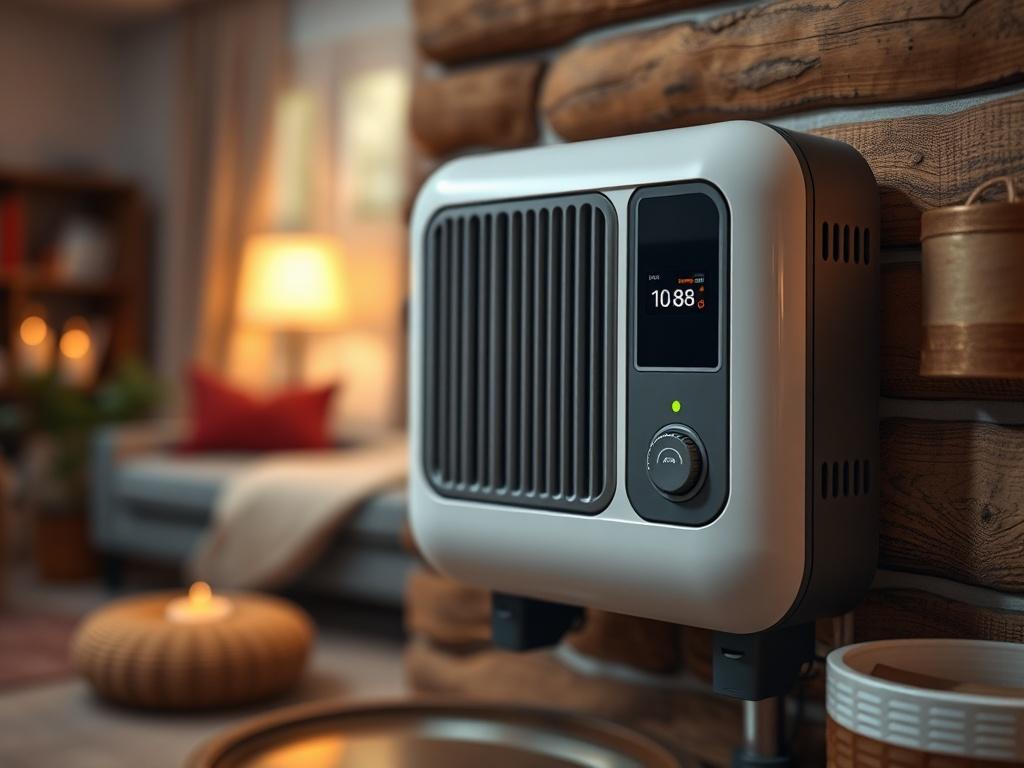 A close-up shot of a high-efficiency heating system, highlighting its modern design and technology. The background should show a cozy, warmly lit room, emphasizing comfort and warmth. The focus should be on the heating system itself, captured with a 45mm f/1.2 lens style.