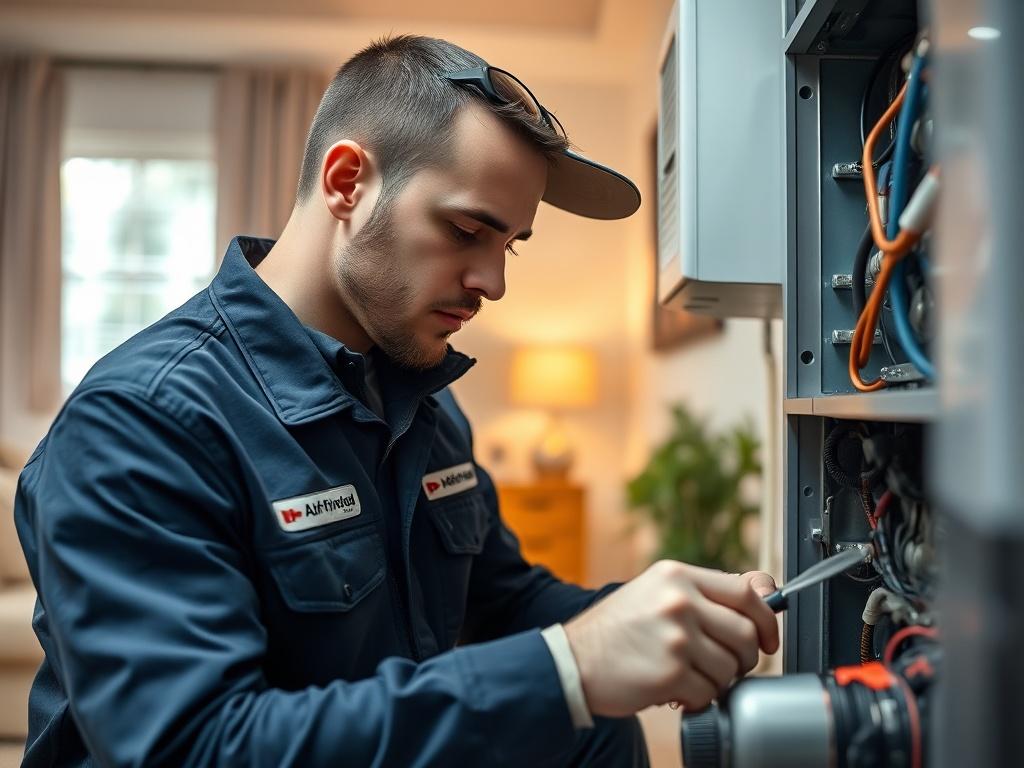 A hyper-realistic close-up shot of a professional technician working on a residential heating system. The technician is wearing a uniform with a logo and focused on repairing the unit, showing tools and parts around. The background is a softly blurred living room with warm lighting, emphasizing the importance of a cozy home environment. The image should evoke professionalism and reliability, and feature the primary color rgb(2, 86, 197) subtly in the technician's uniform or tools.