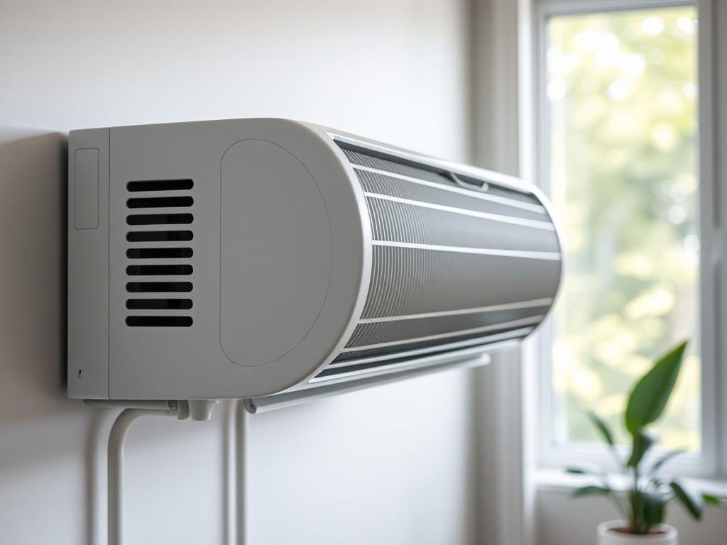 A close-up shot of a modern energy-efficient air conditioning unit, showcasing its sleek design and features. The background should be a well-lit room with a hint of greenery outside the window, emphasizing comfort. The focus should be on the air conditioner, shot with a 45mm f/1.2 lens style to highlight details.