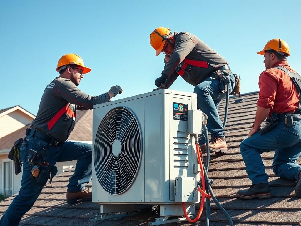 A high-resolution image showcasing a team of HVAC technicians installing a new air conditioning unit on a residential roof. The technicians are actively working together, demonstrating teamwork and precision. The background should feature a clear blue sky and a well-kept neighborhood, emphasizing the professionalism and reliability of the installation process.