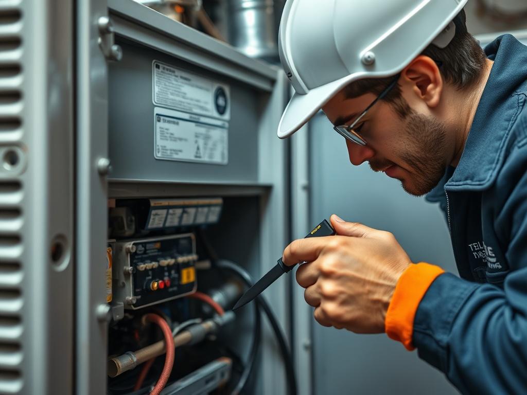 A close-up image of an HVAC technician performing routine maintenance on a furnace, using tools to check and clean components. The focus should be on the technician's careful attention to detail, with a clean and organized workspace in the background, emphasizing the importance of regular maintenance.