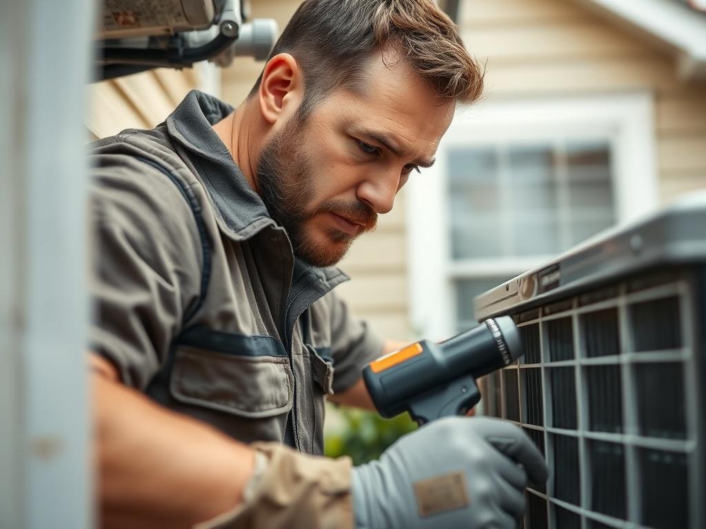 A close-up shot of a licensed HVAC technician inspecting an air conditioning unit, showcasing tools and equipment used in HVAC repair. The background should be a residential setting, clearly depicting a well-maintained house exterior. The focus should be on the technician's concentration and the equipment in hand, with natural lighting enhancing the clarity and detail of the scene.