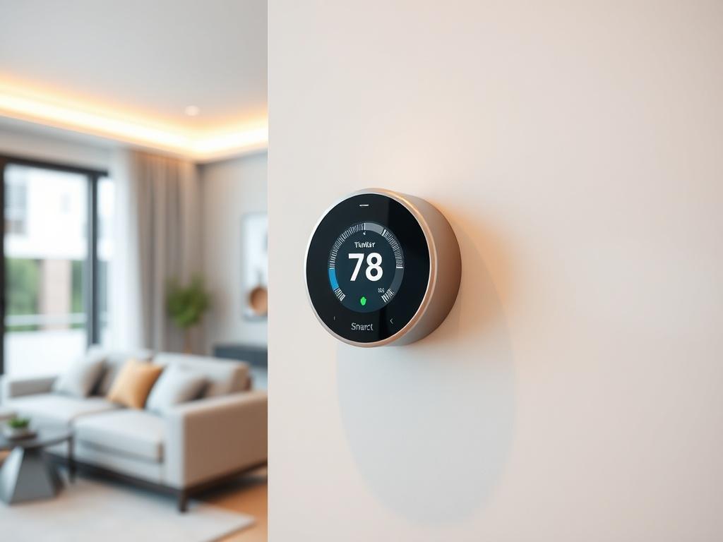 A close-up shot of a Smart Thermostat installed on a modern wall, showcasing its sleek interface and user-friendly design. The background should reflect a contemporary living space, emphasizing the convenience and sophistication of smart home technology. The image should be hyper-realistic, captured with a 45mm f/1.2 lens to draw attention to the thermostat's features and the overall ambiance.