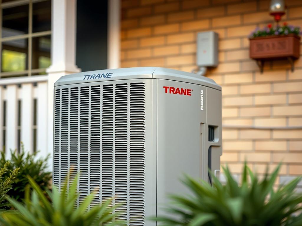 A close-up shot of a Trane XR Series Air Conditioner unit, showcasing its sleek design and advanced features. The background should be a well-maintained residential setting, highlighting the unit's integration with home aesthetics. The image should have a hyper-realistic style, captured with a 45mm f/1.2 lens to emphasize detail and provide a warm, inviting atmosphere.